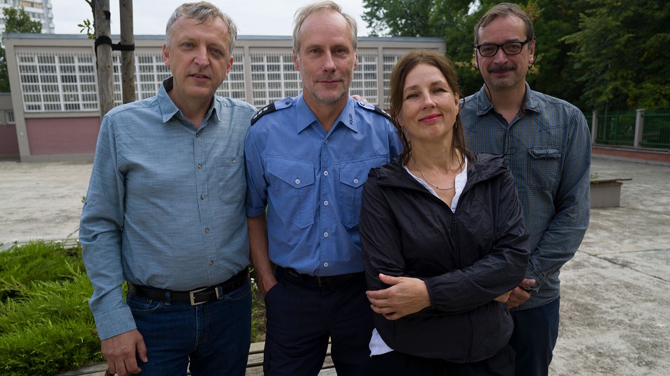 V.l. Titus Kreyenberg (Produzent), Wolfram Koch (Rolle Harry Österreich), Elke Hauck (Buch und Regie) und Patrick Orth (Kamera)