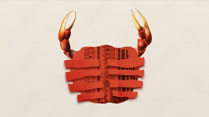 Illustration: Eine rote Krabbe, in ihrem Panzer spiegelt sich ein Hochhaus wider