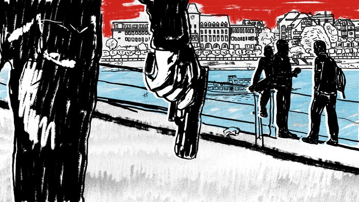 vier junge Männer am Rhein in Köln und im Vordergrund eine Hand die eine Waffe hält. | Bildquelle: WDR / Marc Trompetter vier junge Männer am Rhein in Köln und im Vordergrund eine Hand die eine Waffe hält.