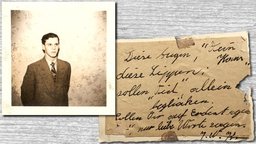 Portrait von Johann Koinegg (altes Polaroid) und handgeschriebene Postkarte