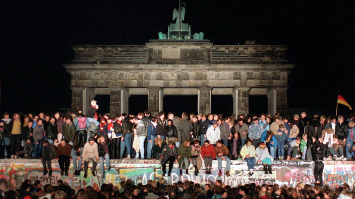 Jubelnde Menschen auf der Berliner Mauer