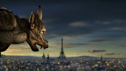 Ein Gargoyle von Notre Dame, im Hintergrund die Stadt Paris