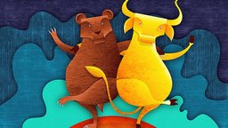 Illustration: Bär und Bulle tanzen zusammen