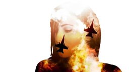 Grafik einer Frau mit Kriegsflugzeugen und Feuer im Vordergrund
