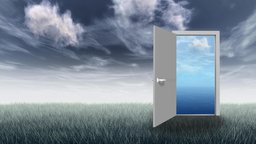 Illustration einer Wiese mit Wolkenhimmel und einer Türe in eine andere Welt