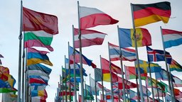 Länderflaggen aus der ganze Welt wehen im Wind.