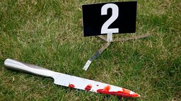 title="Bei einer Spurensicherung liegt ein blutiges Messer auf einer Wiese und ist mit der Nummer zwei gekennzeichnet.