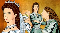 Kaiserin Sisi im Comicstil gezeichnet: Einmal als Braut, einmal strahlend mit Baby, einmal ernst. |